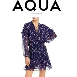 Aqua Smocked Spotted Navy Ruffle Mini Dress